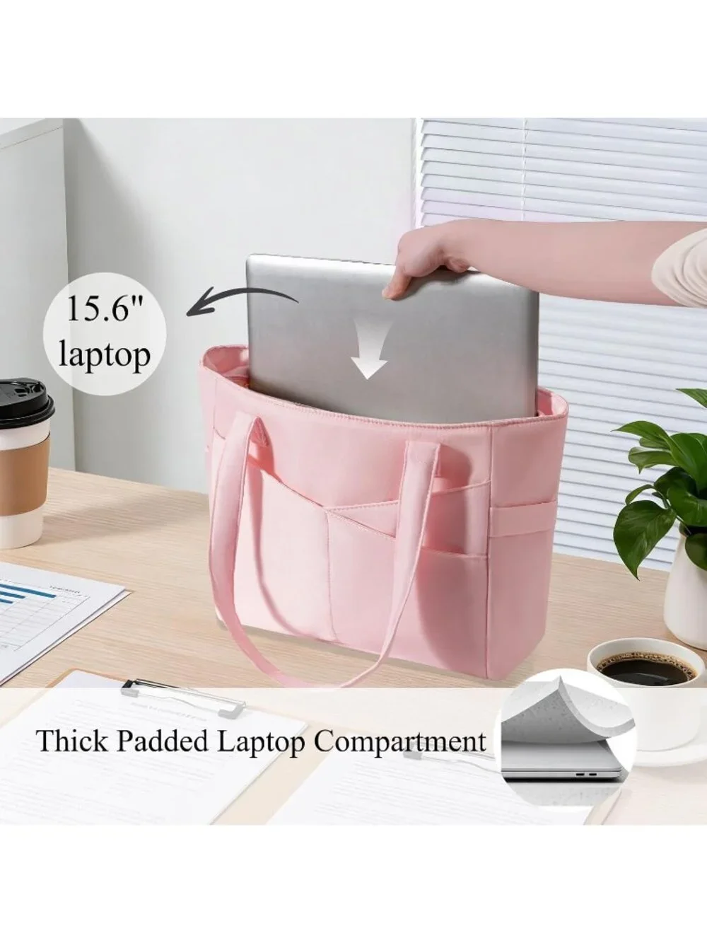 👜Women's Pink Nylon Large Tote Bag With Zipper 15.6 Laptop Sleeve Work Bag